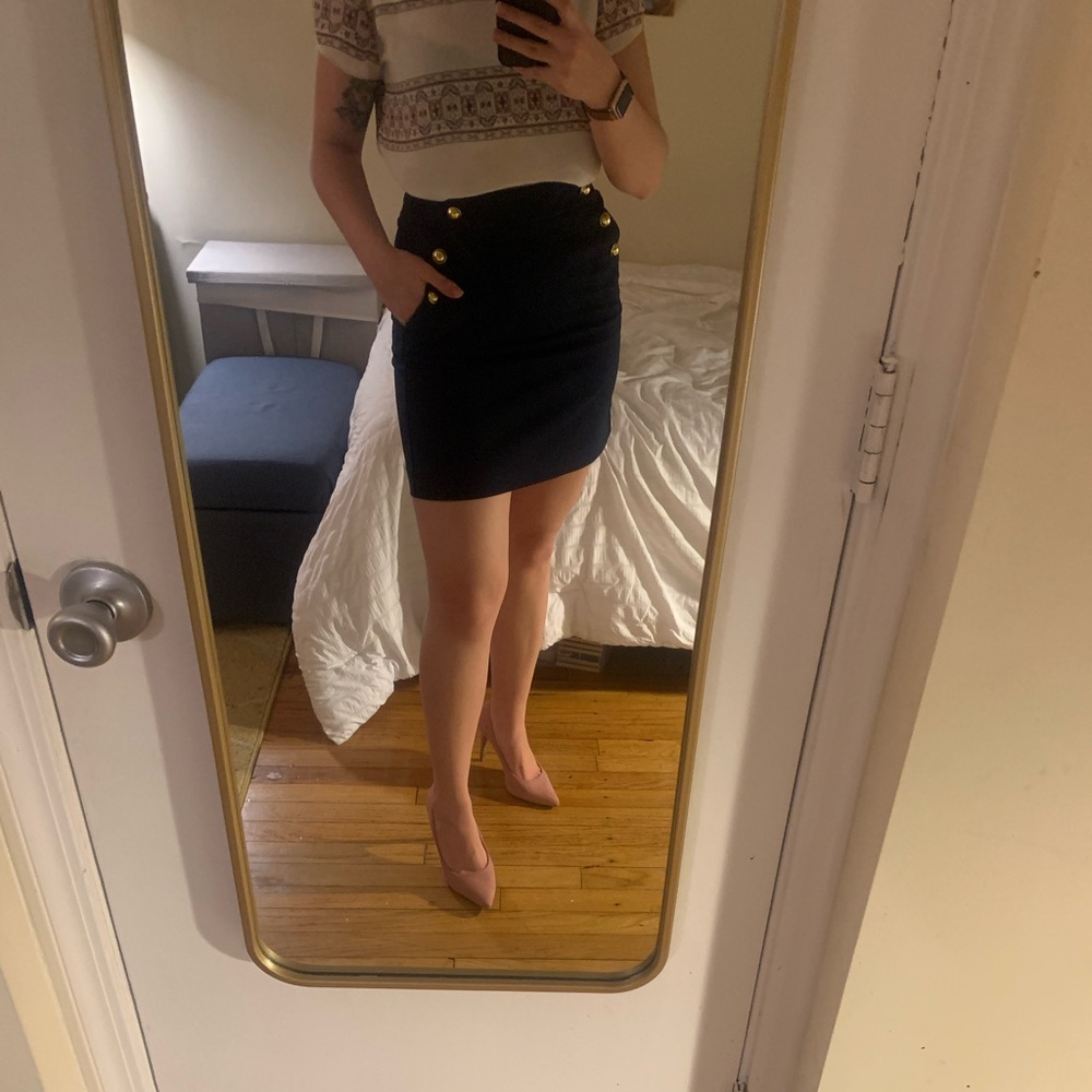 Navy pencil skirt with gold buttons